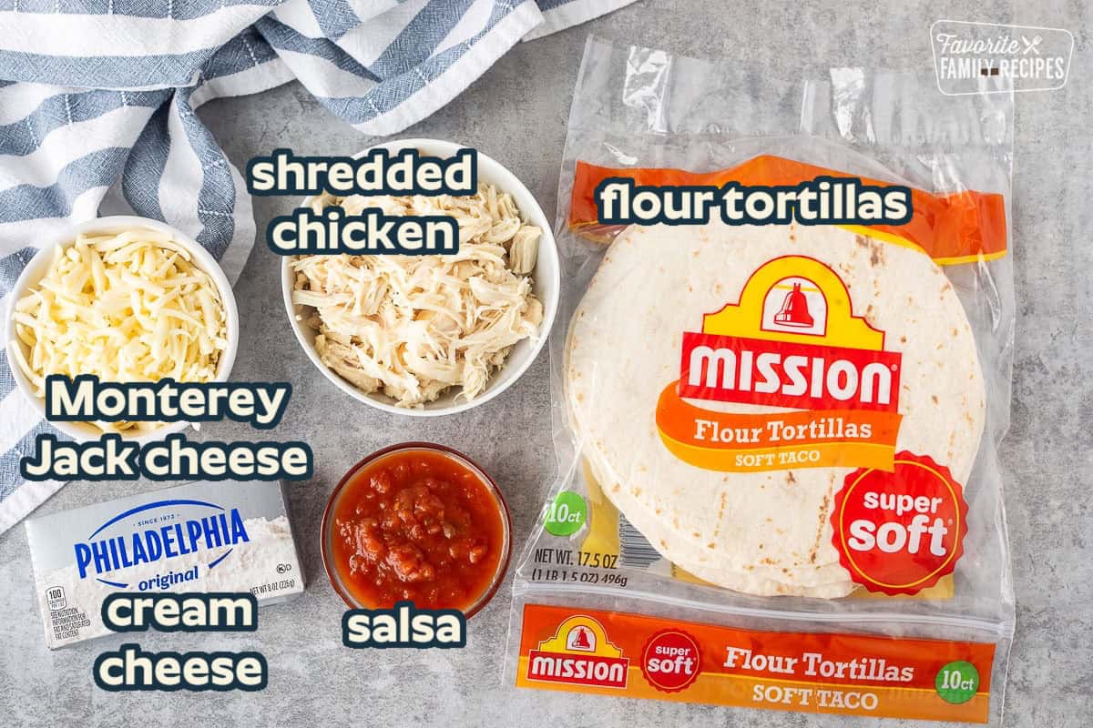 Ingredients to make chicken flautas including soft taco flour tortillas, salsa, shredded chicken, shredded Monterey jack cheese and cream cheese.