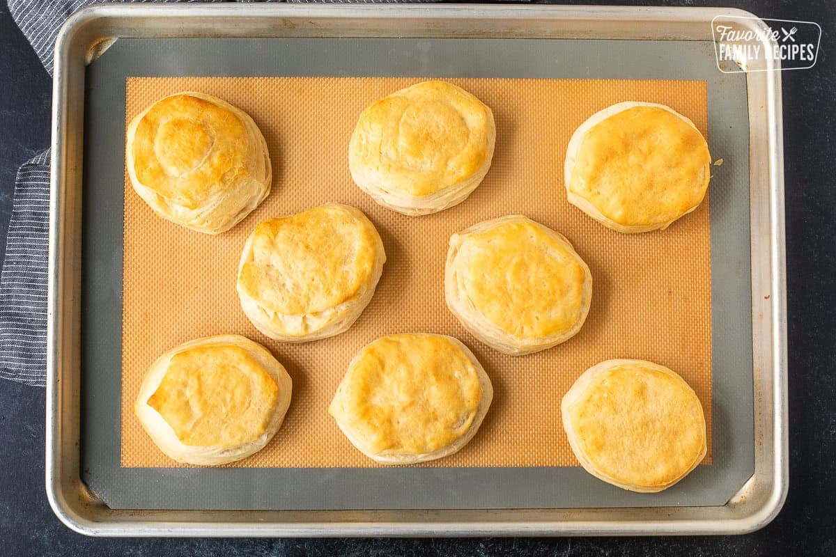 Baking sheet with baked Grands biscuits.