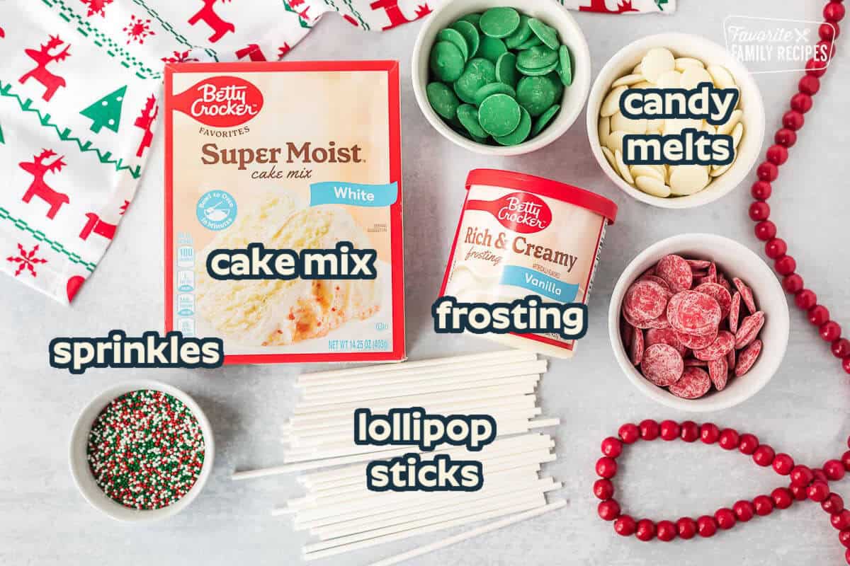 Ingredients needed to make Christmas cake pops: Cake mix, frosting, candy melts, Christmas sprinkles and lollipop sticks