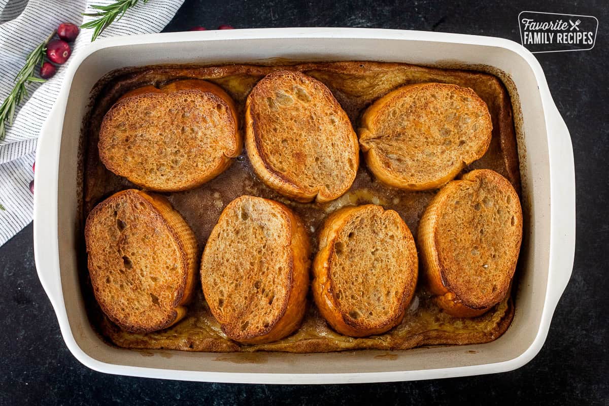 Baked eggnog French toast in a dish.
