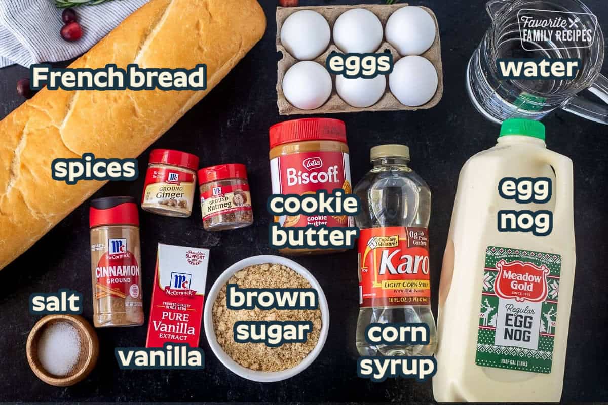 Ingredients for Eggnog French toast: French bread, eggs, eggnog, vanilla, cinnamon, ginger, nutmeg, brown sugar