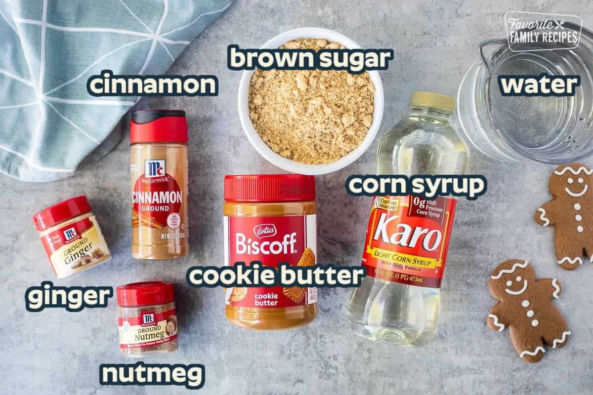 Ingredients needed for gingerbread syrup: corn syrup, cookie butter, brown sugar, cinnamon, nutmeg, ginger