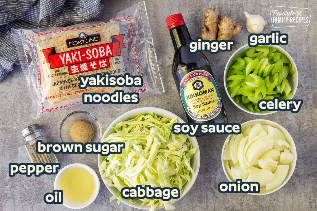 Ingredients to make Panda Express Chow Mein including soy sauce, celery, onion, ginger, garlic, cabbage, oil, brown sugar, Yaki-Soba noodles and pepper.