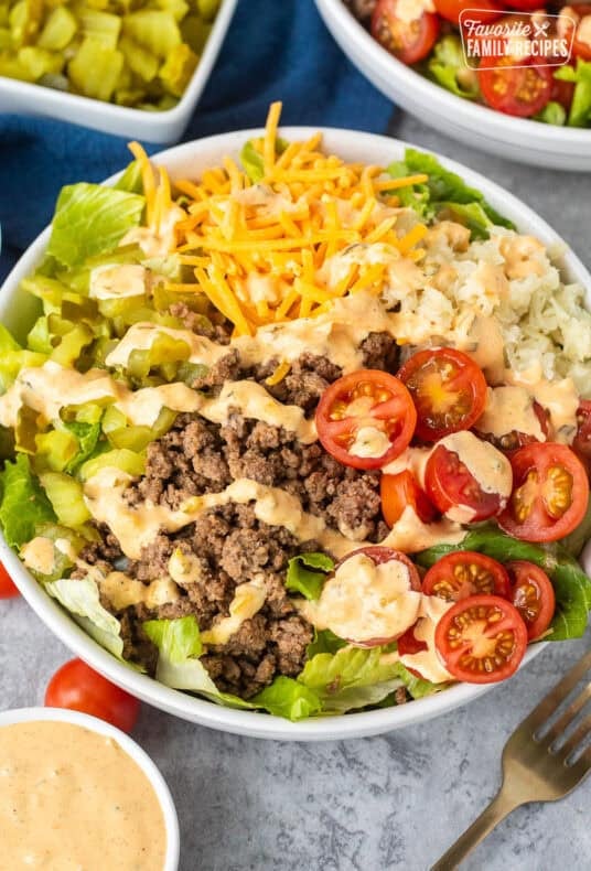Burger Salad in a bowl with lettuce, hamburger meat, cherry tomatoes, grilled onions, cheddar cheese, chopped dill pickles and special sauce dressing.