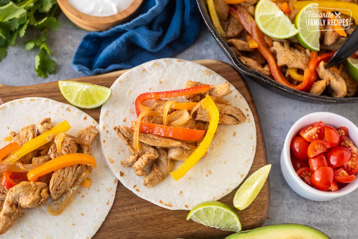 Flour tortillas with marinaded chicken fajita mixture with bell peppers and onion.