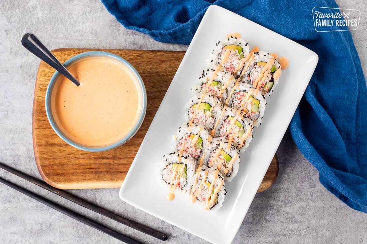 Easy sriracha mayo on top of sushi. Bowl of sriracha mayo on the side.