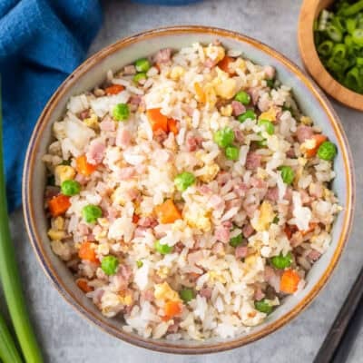 Bowl of Ham Fried Rice with ham, egg, peas and carrots.