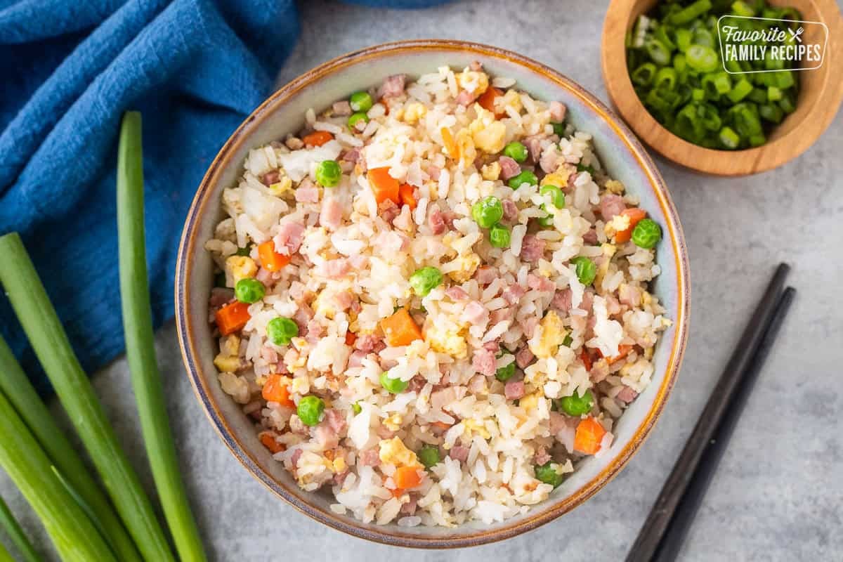 Bowl of Ham Fried Rice with ham, egg, peas and carrots.