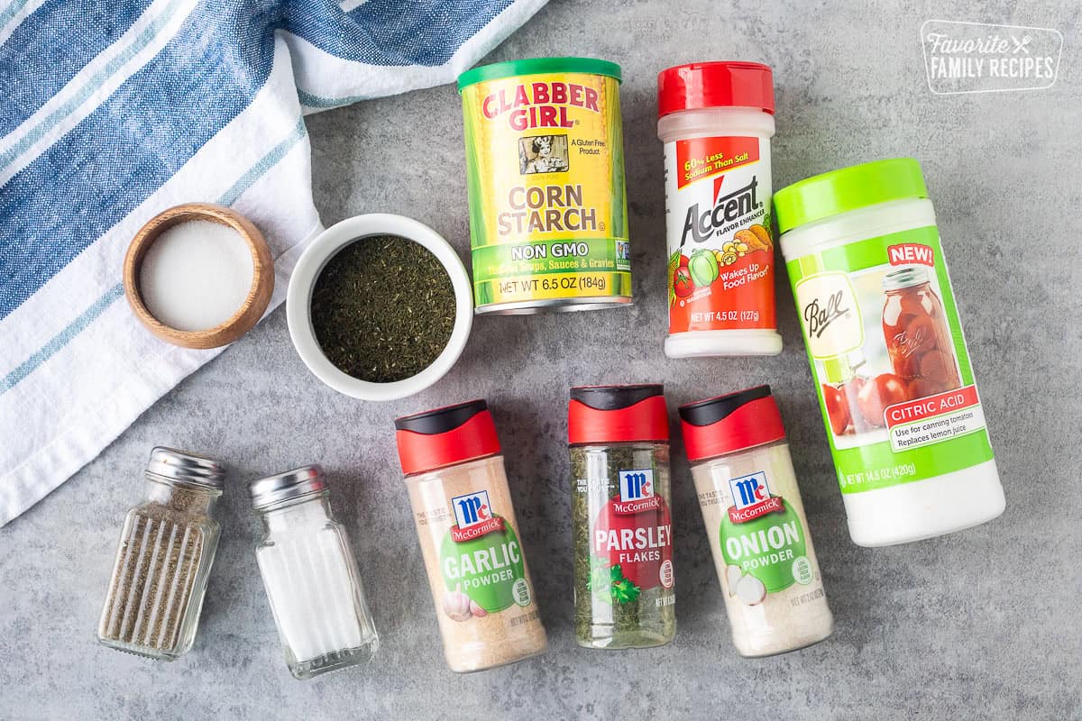 Ingredients to make Hidden Valley Ranch Dressing mix including onion powder, garlic powder, parsley flakes, citric acid, MSG accent, cornstarch, salt, pepper, sugar and dill.