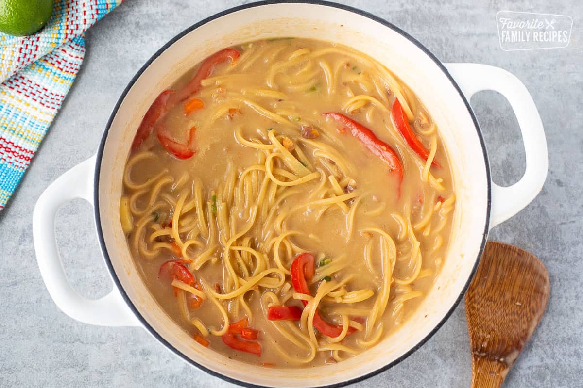 Pot with cooked Thai Peanut Noodles.