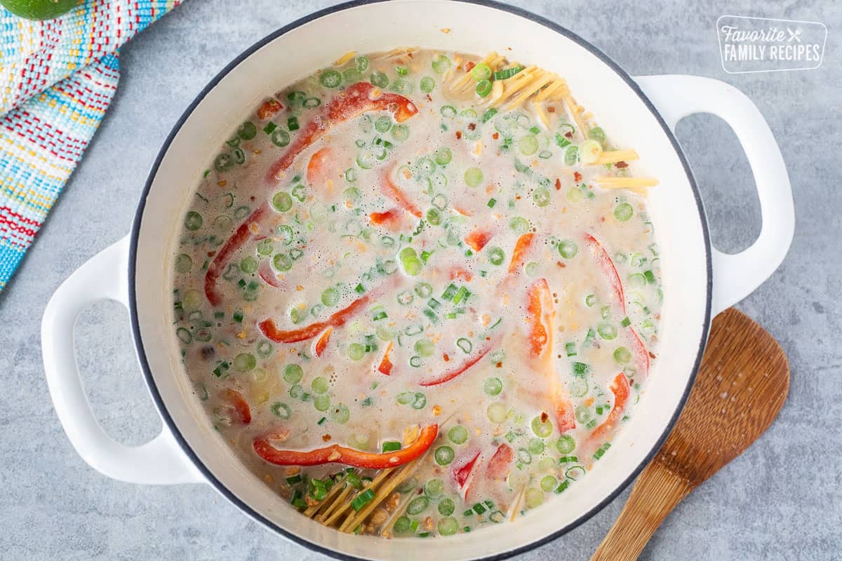 Pot with simmering noodles in Thai peanut flavor broth.