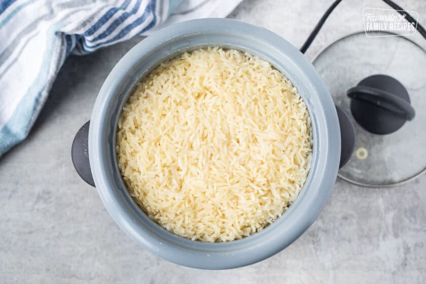 Rice cooker with cooked jasmine rice.