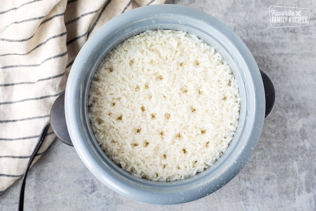 Cooked rice in a rice cooker.
