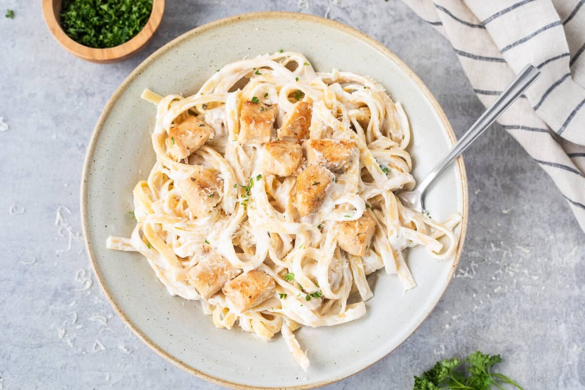 Bowl of Chicken Fettuccine Alfredo.