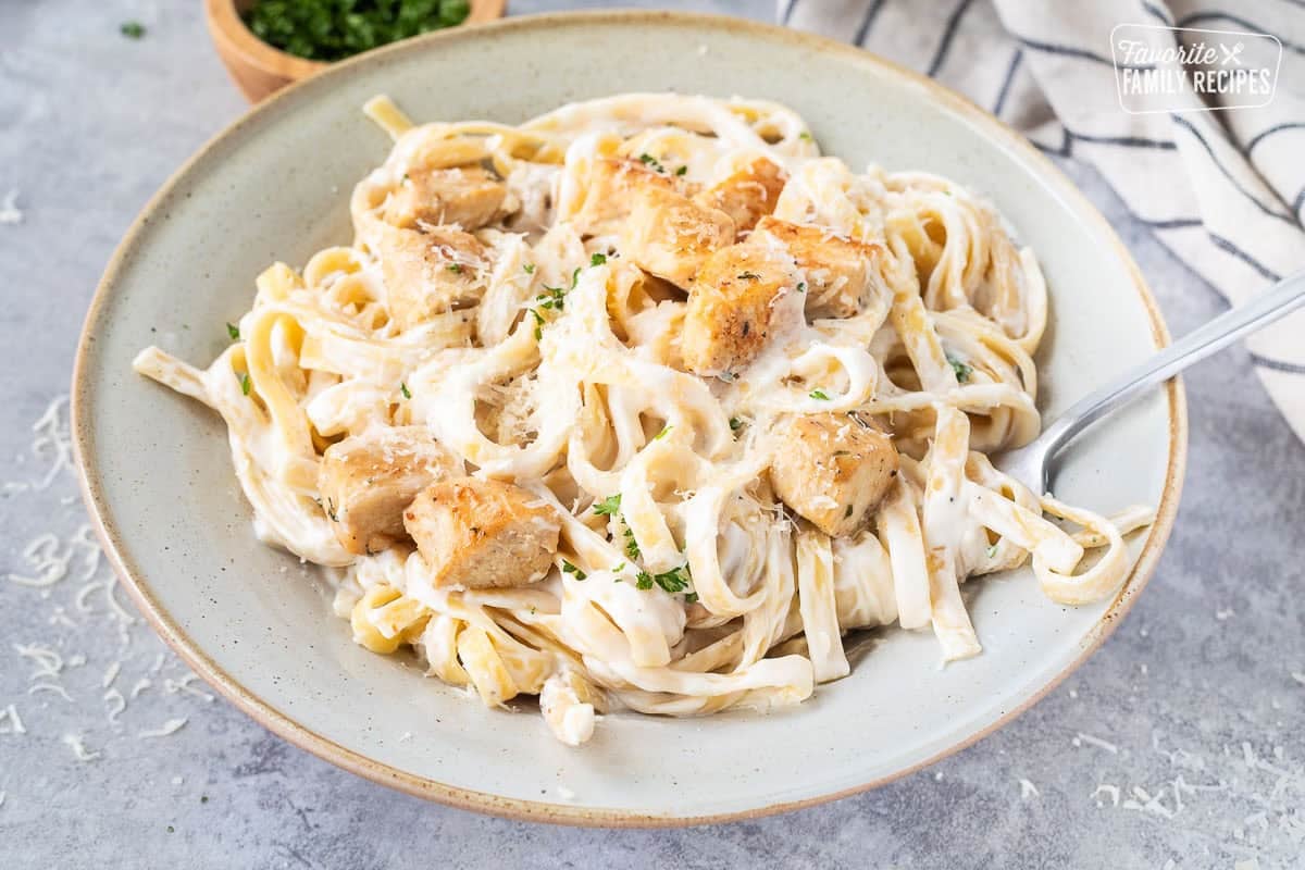 Bowl of Chicken Fettuccine Alfredo.