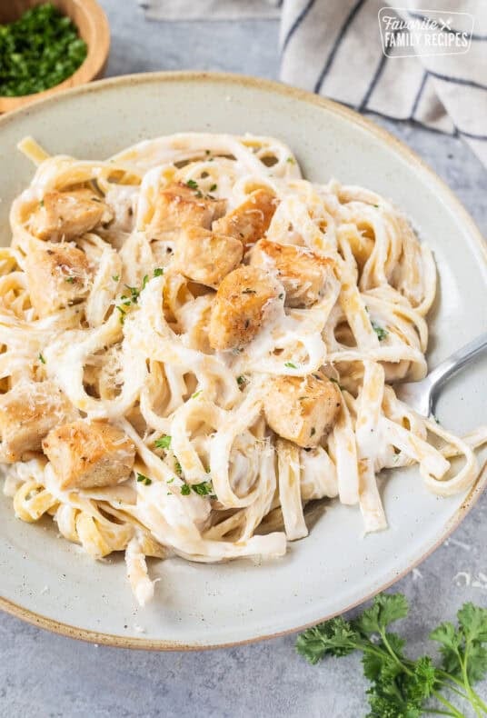 Bowl of Chicken Fettuccine Alfredo.