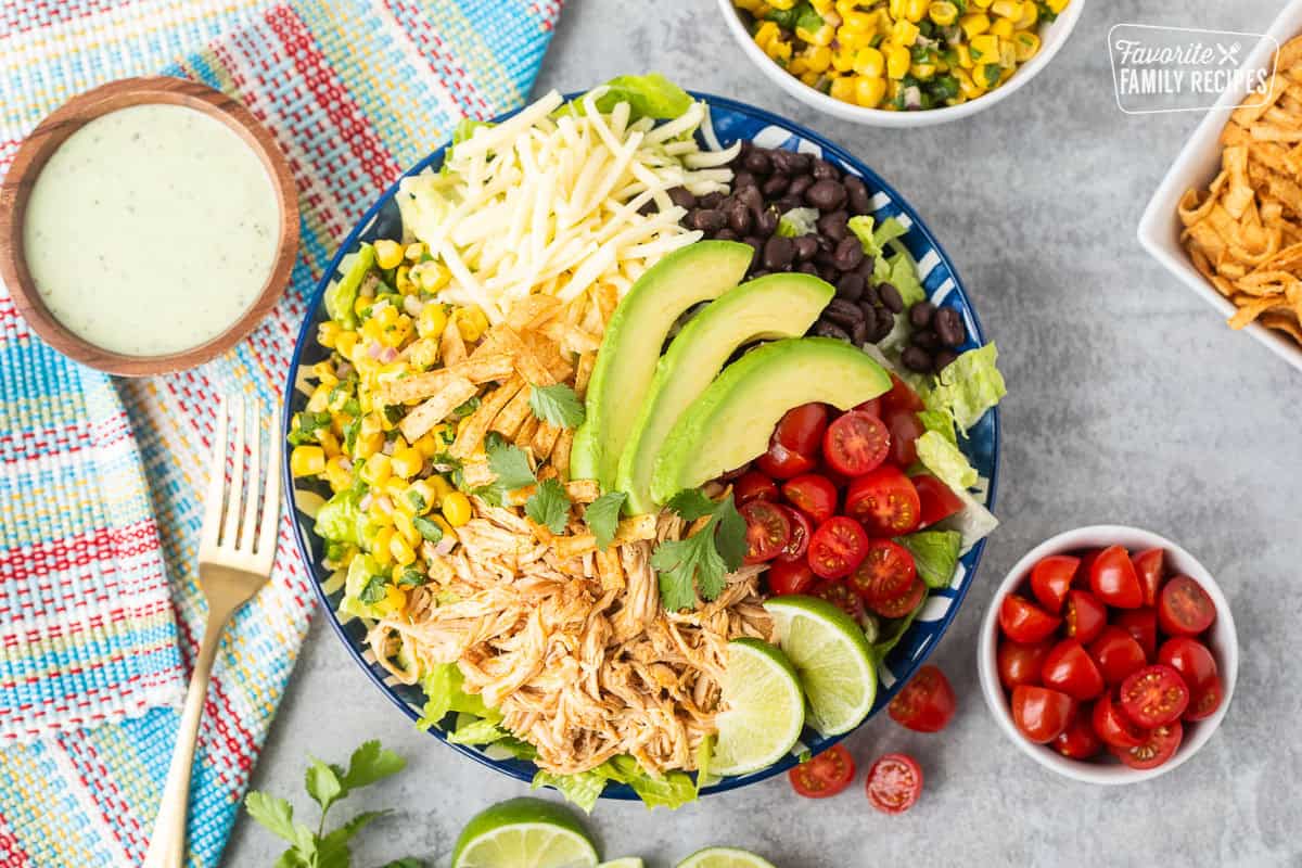 Southwest Chicken Salad with lettuce, Mexican shredded chicken, tomatoes, black beans, corn salad, avocado, tortilla strips, cilantro and Monterey Jack cheese. Cilantro lime salad dressing on the side.