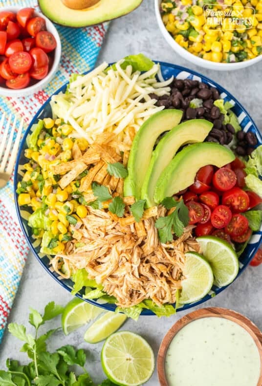 Bowl of lettuce, Mexican shredded chicken, tomatoes, black beans, corn salad, avocado, tortilla strips, cilantro and Monterey Jack cheese. Cilantro lime salad dressing on the side.