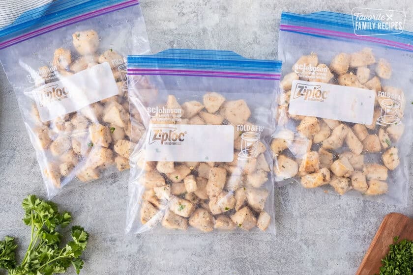 Cooked diced chicken in ziplock bags.