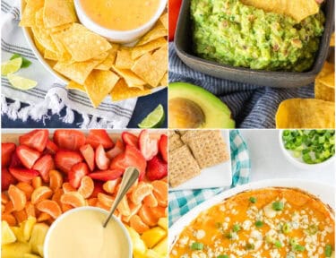 A collage of Super Bowl Dips for a Super Bowl party including nacho cheese dip, guacamole, fruit dip, and buffalo chicken dip.