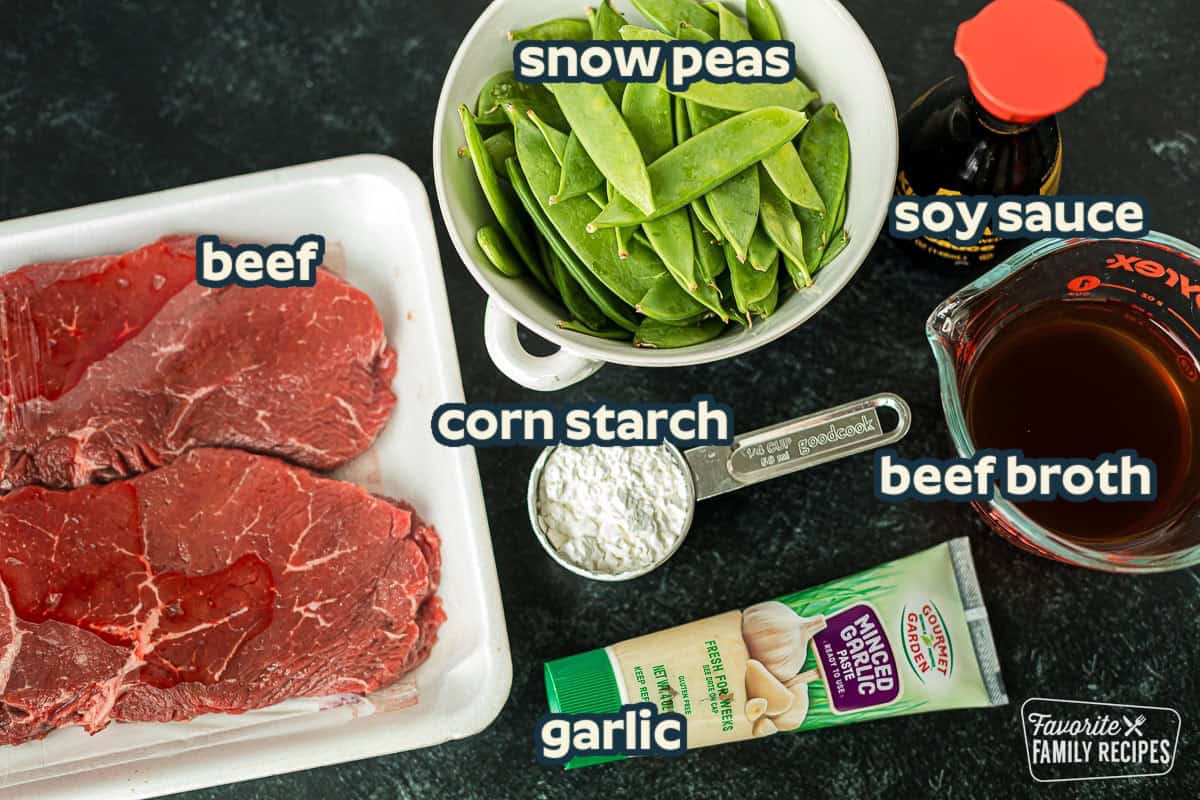 Ingredients to make beef and snow peas including top sirloin, snow peas, garlic, beef broth, soy sauce, and cornstarch