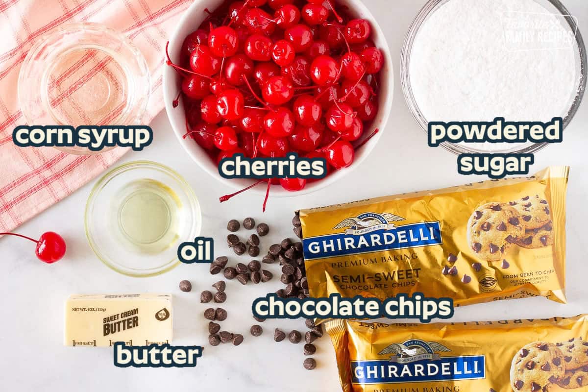 Chocolate chips, cherries, sugar, syrup, oil and butter to make Chocolate Covered Cherries.