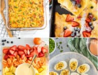 Easter Brunch ideas collage with German pancakes, deviled eggs, fruit, and breakfast casserole
