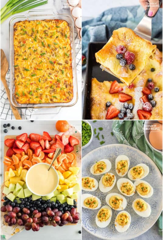 Easter Brunch ideas collage with German pancakes, deviled eggs, fruit, and breakfast casserole