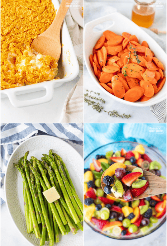 A collage of four different Easter side dishes including potato casserole, glazed carrots, asparagus, and fruit salad.