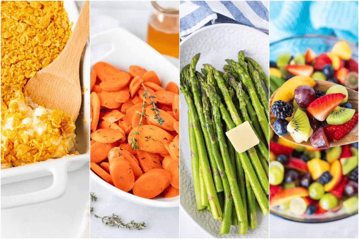 A collage of four different Easter side dishes including potato casserole, glazed carrots, asparagus, and fruit salad.