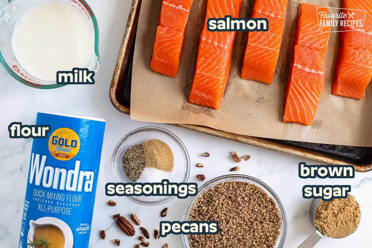 Ingredients to make Pecan Salmon including salmon, milk, wonder, spices, crushed pecans and brown sugar.