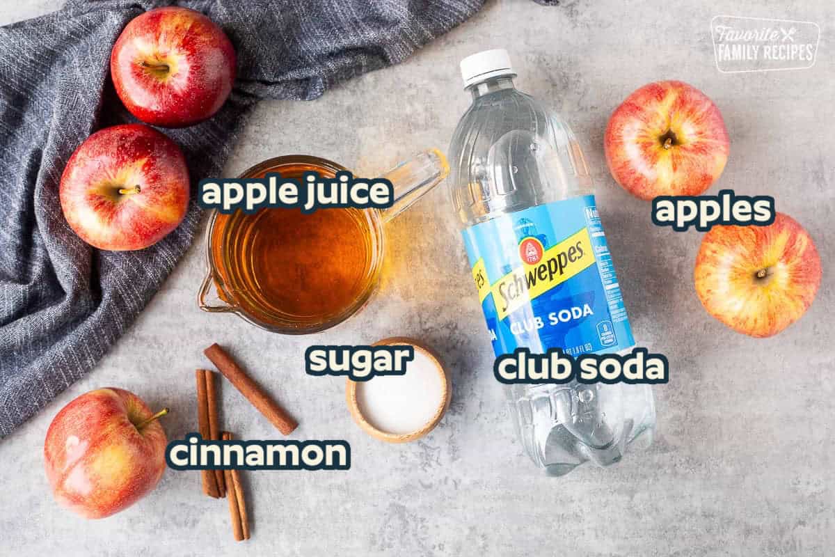 Ingredients to make Sparkling Cider including apple cider, club soda, sugar and apples.