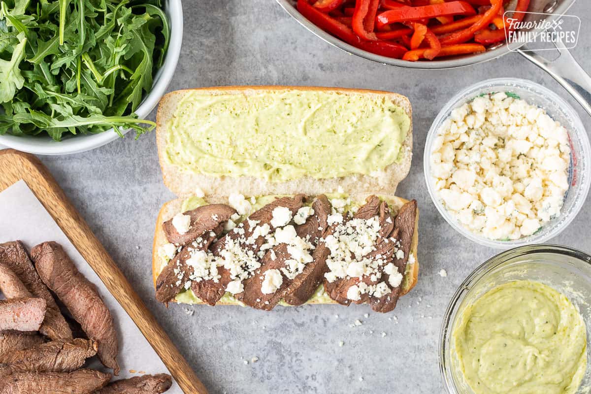 Steak and blue cheese on French roll with pesto mayo.
