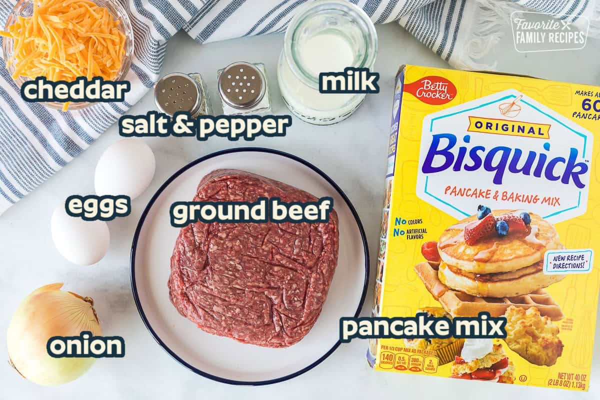 Ingredients to make Cheeseburger Pie including Bisquick, milk, salt, pepper, eggs, onion, ground beef and cheddar cheese.