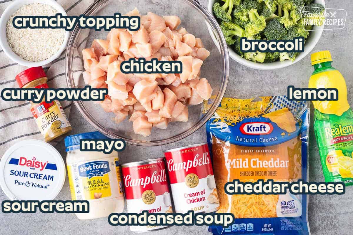 Ingredients to make Chicken Divan including diced chicken, broccoli, cheddar cheese, lemon juice, cream of chicken soup, mayonnaise, sour cream, curry powder, and rice.