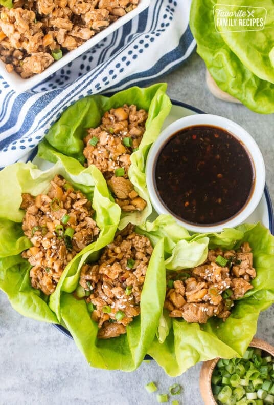 PF Changs Chicken lettuce wraps on a plate with small bowl of dipping sauce on the side.