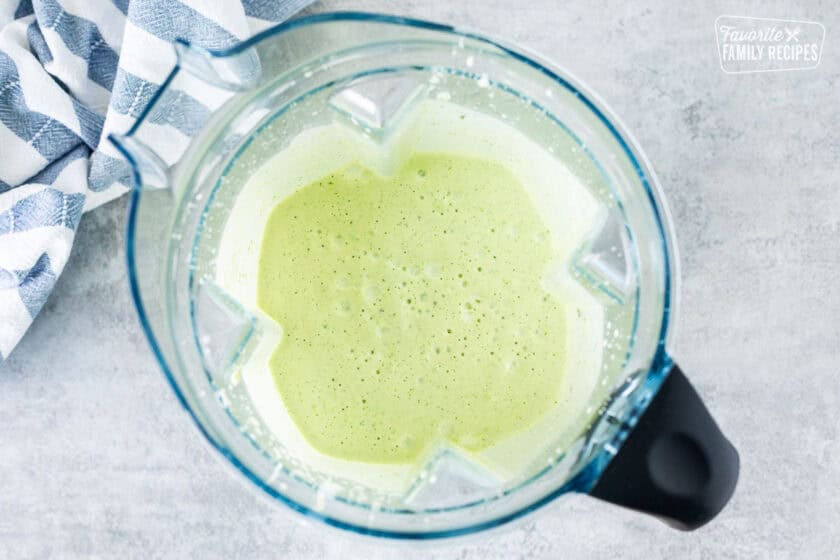 Blender with mixed Cafe Rio Creamy Tomatillo Ranch Dressing.