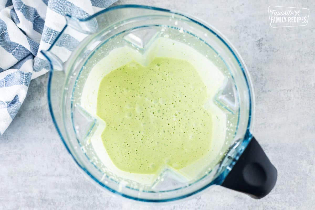 Blender with mixed Cafe Rio Creamy Tomatillo Ranch Dressing.