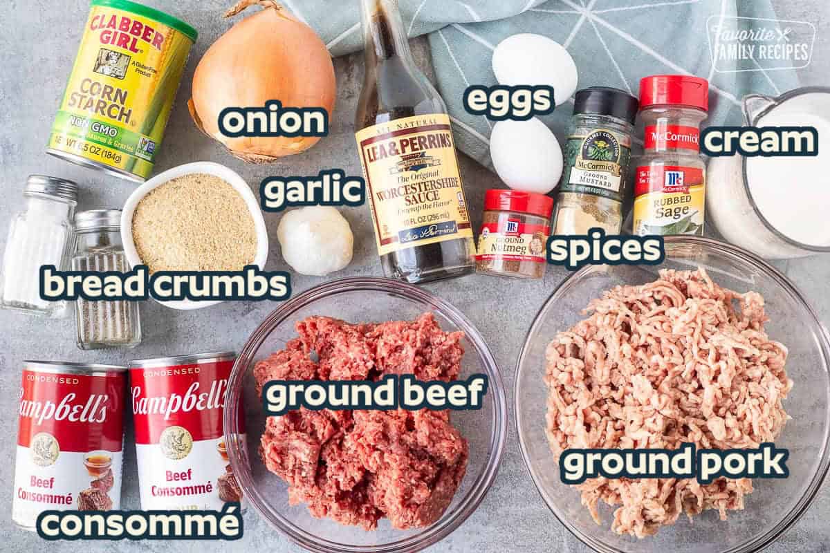 Ingredients to make instant pot Swedish meatballs including ground pork, ground beef, beef consumme, breadcrumbs, garlic, onion, Worcestershire sauce, nutmeg, ground mustard, sage, eggs, heavy cream, salt, pepper, and cornstarch.
