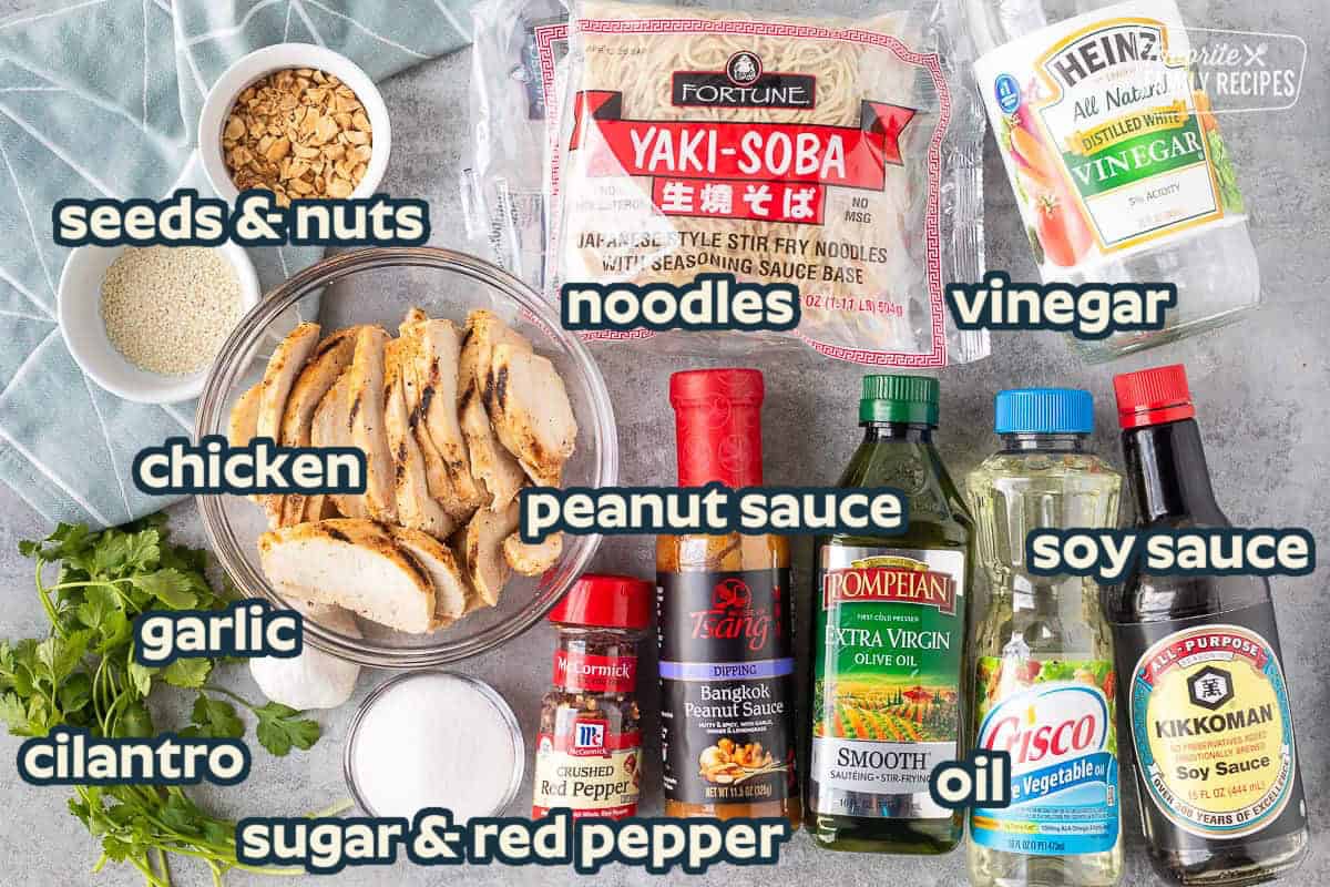 Ingredients to make sweet and spicy noodles with grilled chicken strips, yaki soba noodles. vinegar, soy sauce, vegetable oil, olive oil, peanut sauce, cilantro, sesame seeds, peanuts, sugar, garlic and red pepper flakes.