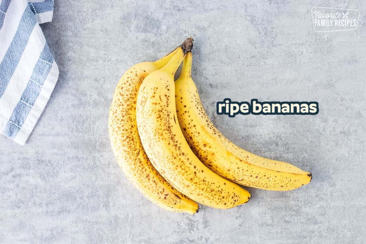 Three ripe bananas that will be used to make banana ice cream.