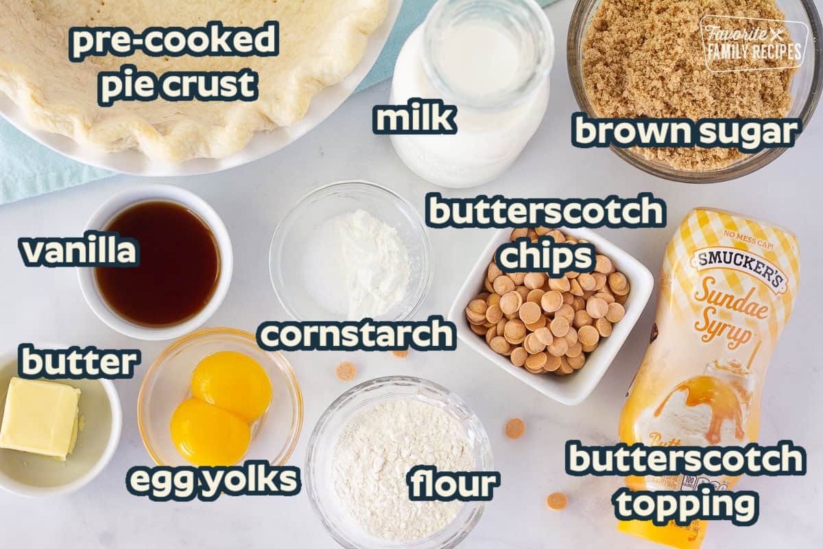 Butterscotch topping, butterscotch chips, brown sugar, milk, yolks, butter, vanilla, flour, salt, cornstarch and a pie crust to make Butterscotch Pie.