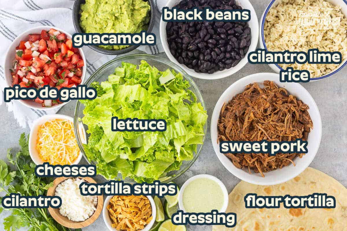 Ingredients to make Cafe Rio Sweet Pork Salad including lettuce, sweet pork, black beans, cilantro lime rice, guacamole, pico de Gallo, shredded Mexican blend cheese, cojita cheese, tortilla strips, lime, tortilla and cilantro ranch dressing.