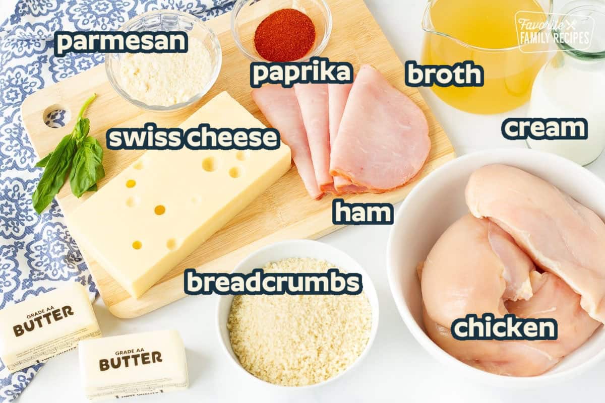 Ingredients for Chicken Cordon Bleu including chicken, Swiss cheese, Black Forest ham, chicken broth, cream, paprika, parmesan cheese, panko and butter.