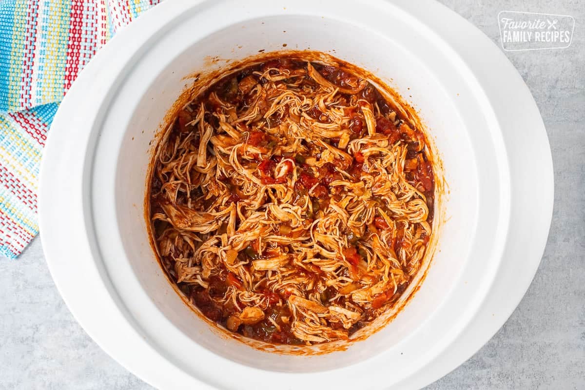 Shredded chicken in crockpot.