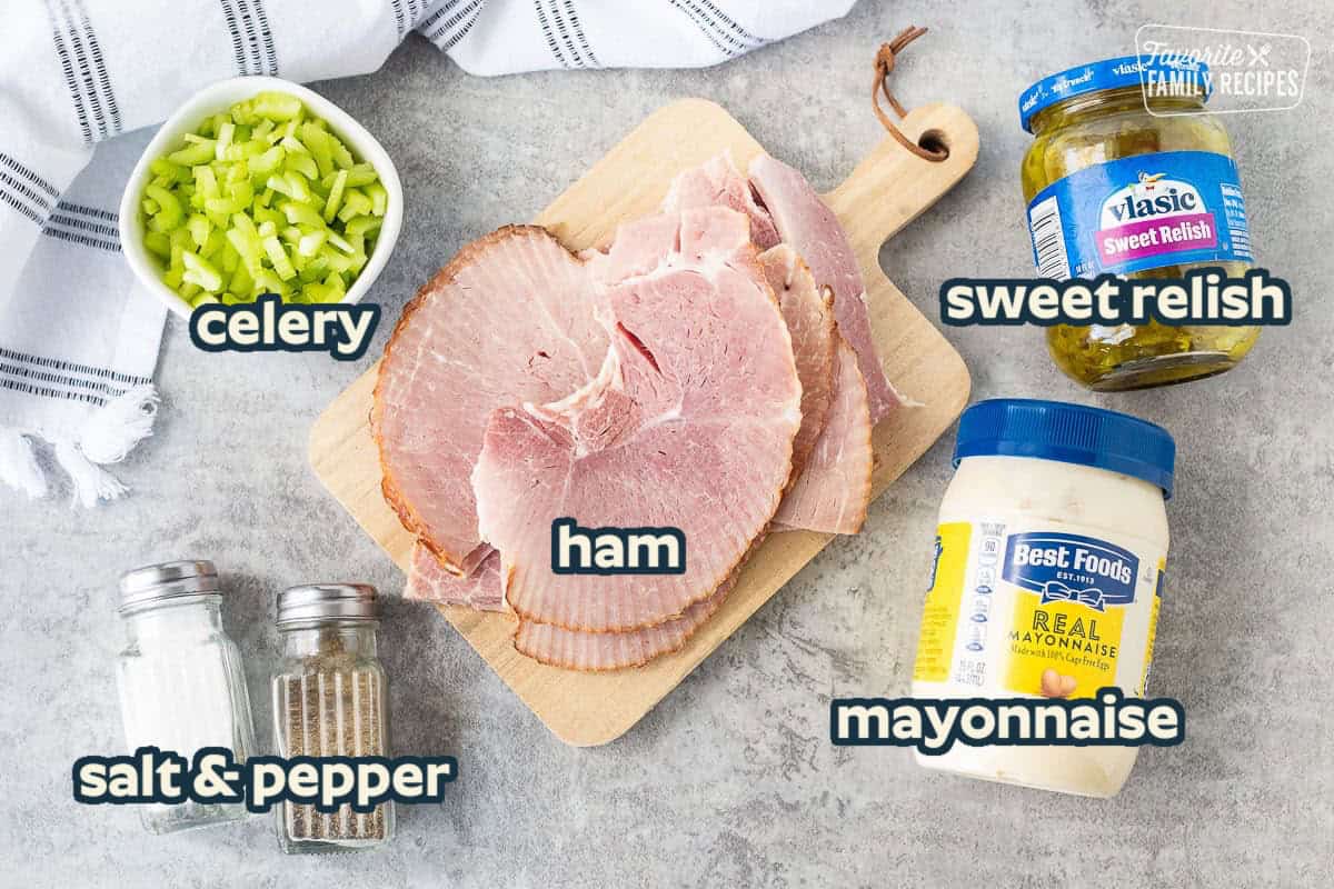 Ingredients to make Ham Salad including ham, sweet relish, mayonnaise, celery, salt and pepper.