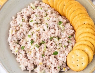 Classic Ham Salad with celery and onions in a bowl with crackers.