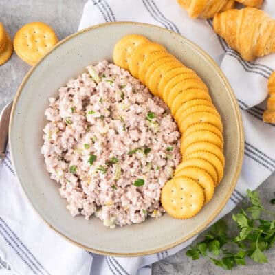 Creamy old-fashioned ham salad served in a bowl with crackers for dipping and spreading.