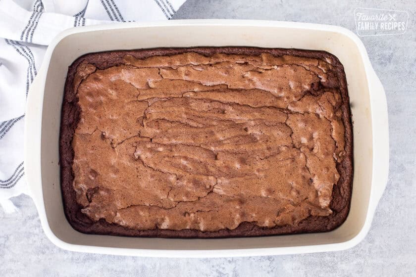 Baked homemade brownies in a baking dish.