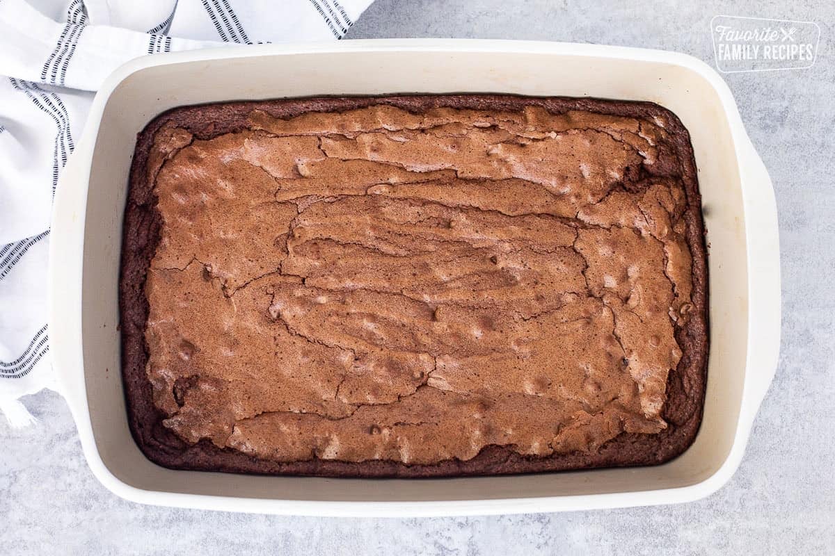 Baked homemade brownies in a baking dish.
